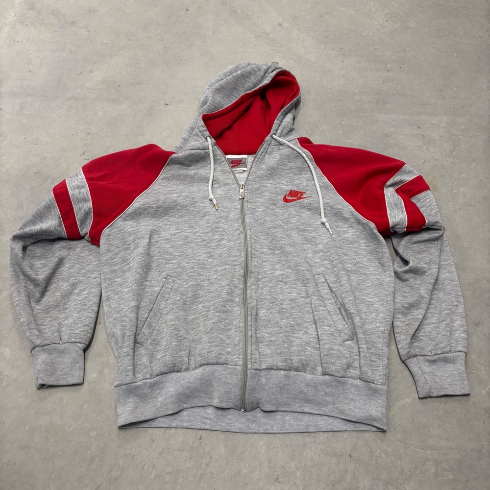 Vintage Early 90s Nike Swoosh Hoodie Full Zip Red And Gray Size Large Streetwear